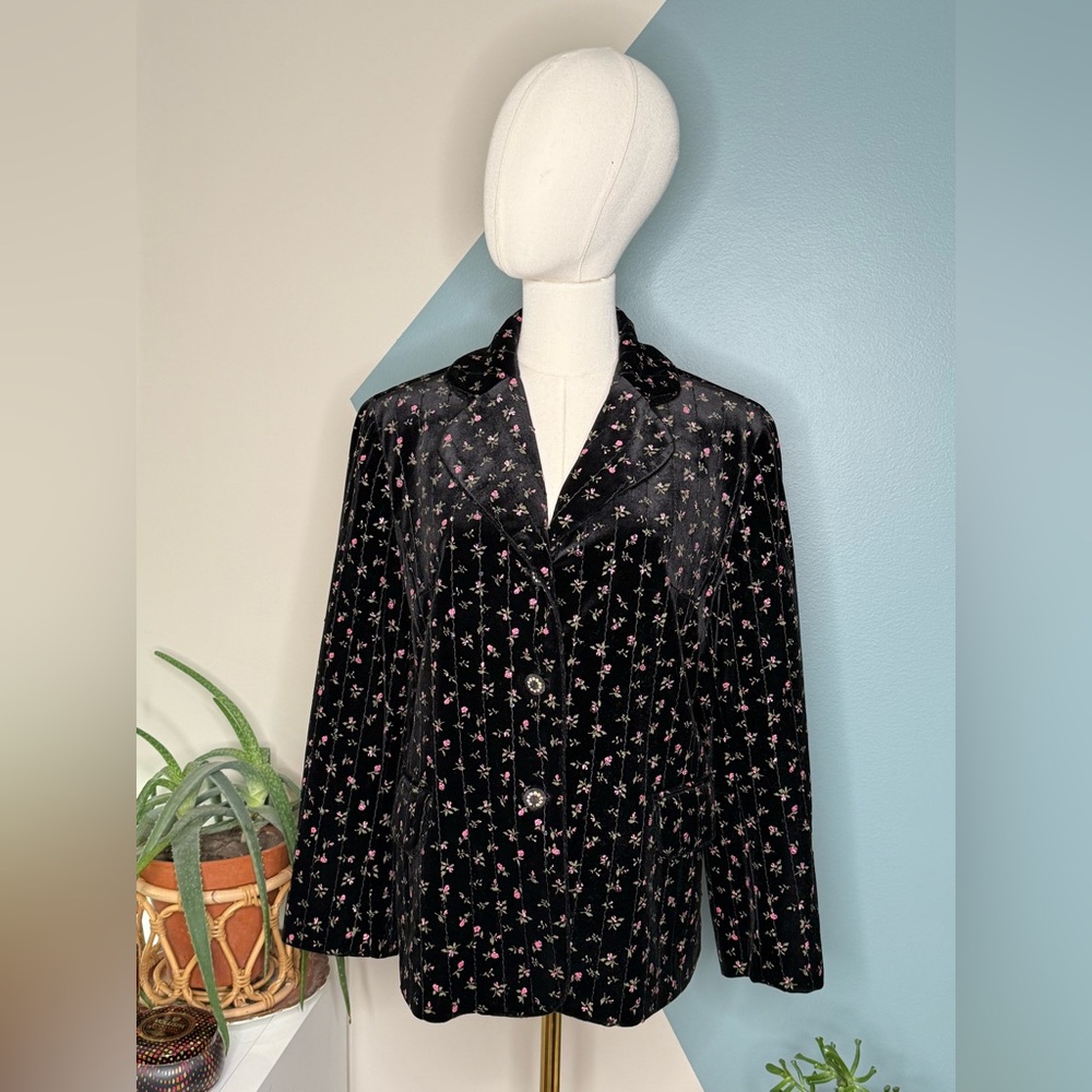 Quilted Velvet Floral Sequin Blazer Black Pink Rose Jacket VTG Cottagecore Y2K - Picture 2 of 11